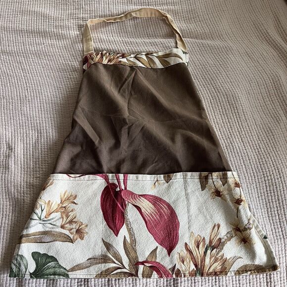Hawaiian Hawaii Floral Print Canvas Kitchen Apron Pockets Brown Beige Aloha Cook - Picture 1 of 6